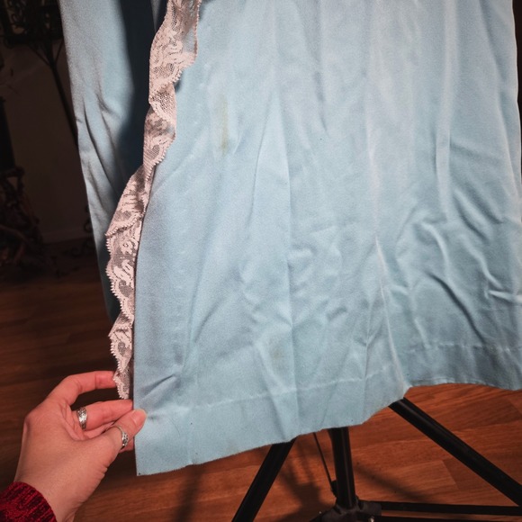 Vintage 70s Blue Dress Lace Trim Maxi Short Sleeve Wrap Housecoat Belted - Picture 7 of 8